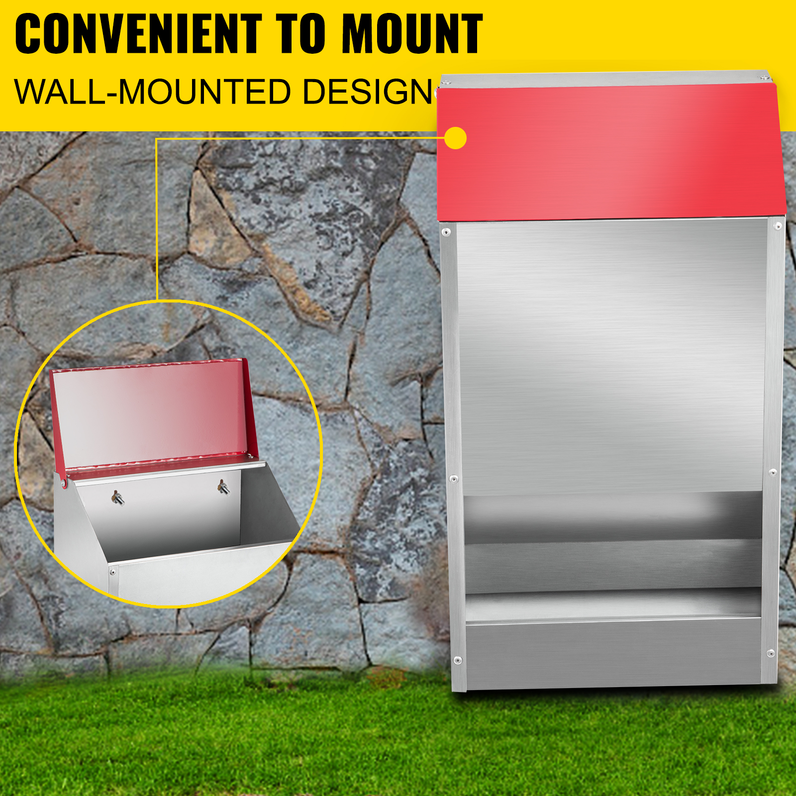 wall-mounted VEVOR galvanized poultry feeder with red top against stone wall.