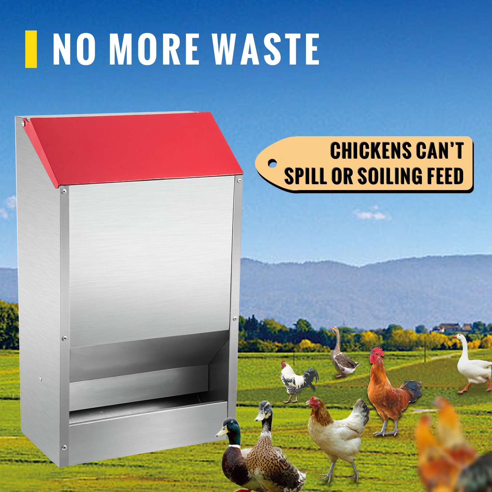 VEVOR galvanized poultry feeder with red top, surrounded by chickens in a field.