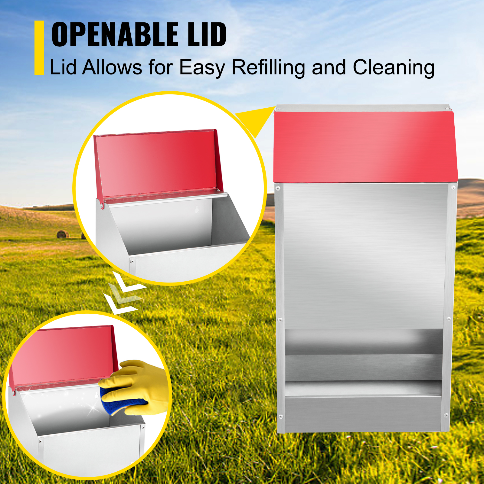 VEVOR galvanized poultry feeder with an openable red lid for easy refilling and cleaning.