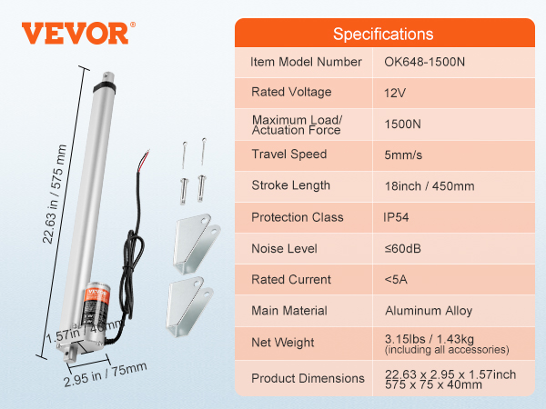 VEVOR linear actuator with mounting brackets and specifications, including 12v, 1500n force, and ip54.