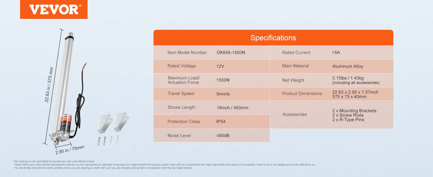 VEVOR linear actuator with mounting brackets and specifications, including 12v, 1500n force, and ip54.