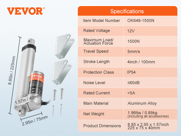 VEVOR lineārās piedziņas specifikācijas: 12v, 1500n, alumīnija sakausējums, 4 collu gājiens, <60 dB troksnis.