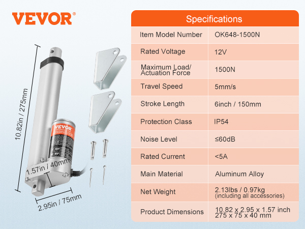 VEVOR 12v linear actuator with mounting brackets, detailed specs, aluminum alloy, 1500n force.