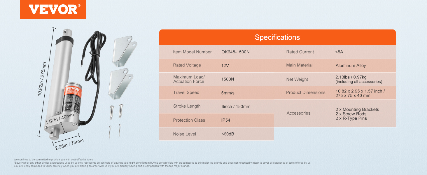 VEVOR 12v linear actuator with mounting brackets, detailed specs, aluminum alloy, 1500n force.