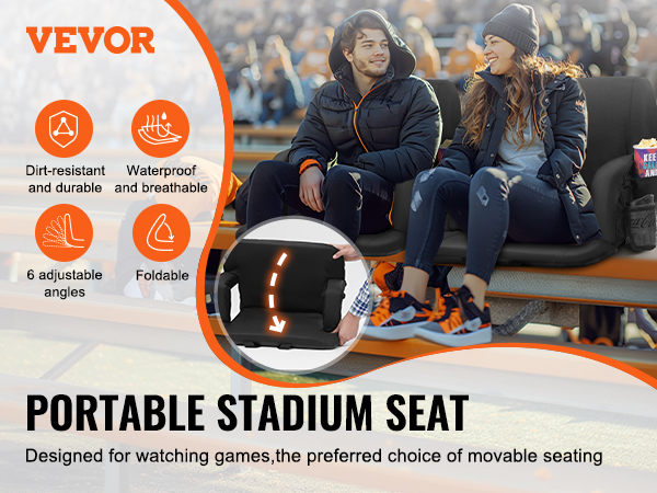 VEVOR heated stadium seat: dirt-resistant, waterproof, foldable, with 6 adjustable angles for comfort.