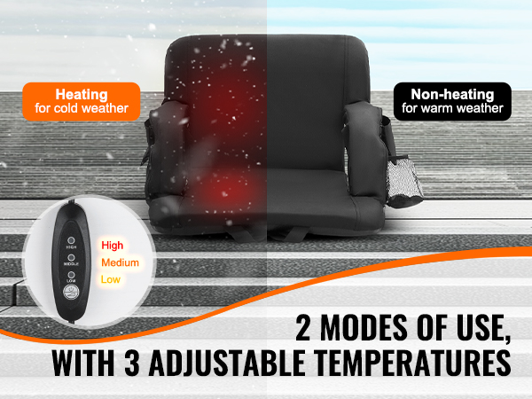VEVOR heated stadium seat with 3 adjustable temperatures for cold and warm weather, shown on stairs.