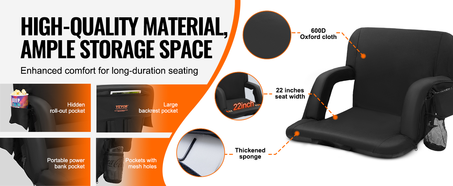 high-quality VEVOR heated stadium seat with 600d oxford cloth, hidden pocket, thickened sponge, and ample storage.
