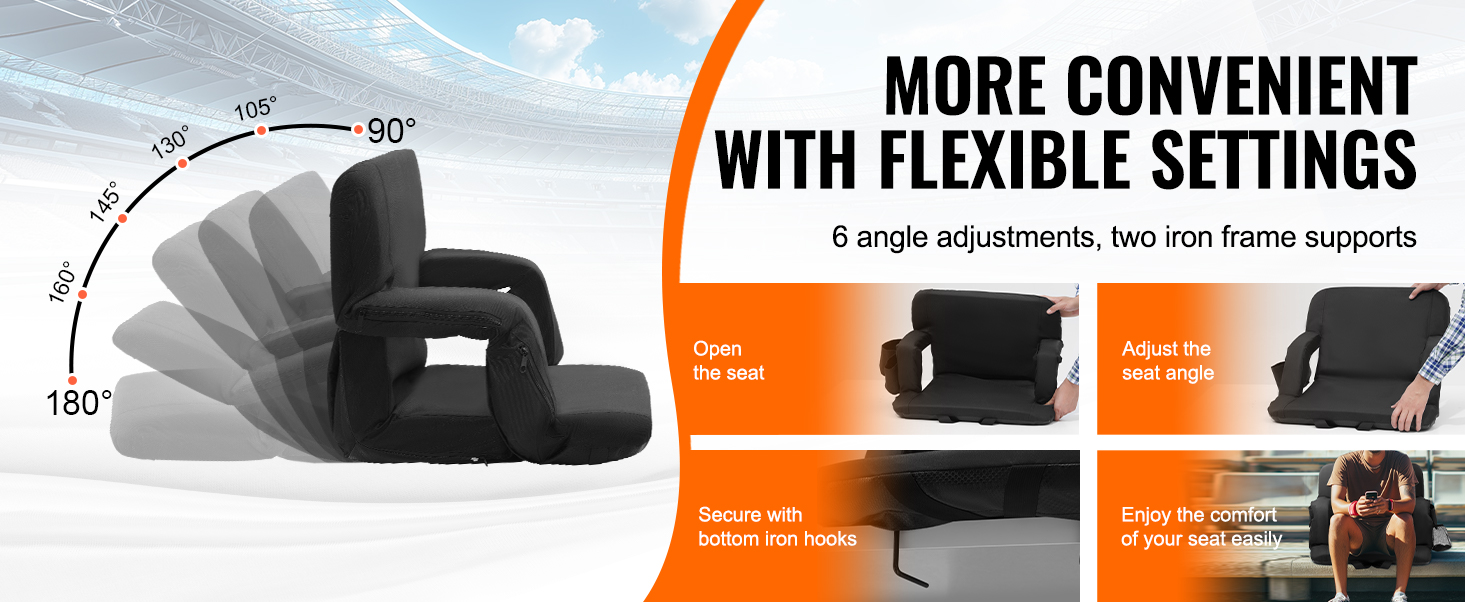 VEVOR heated stadium seat with 6 adjustable angles, iron frame support, and bottom iron hooks.