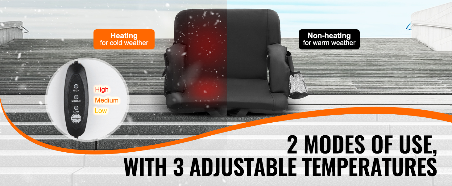 VEVOR heated stadium seat with two modes for cold and warm weather, featuring three adjustable temperatures.