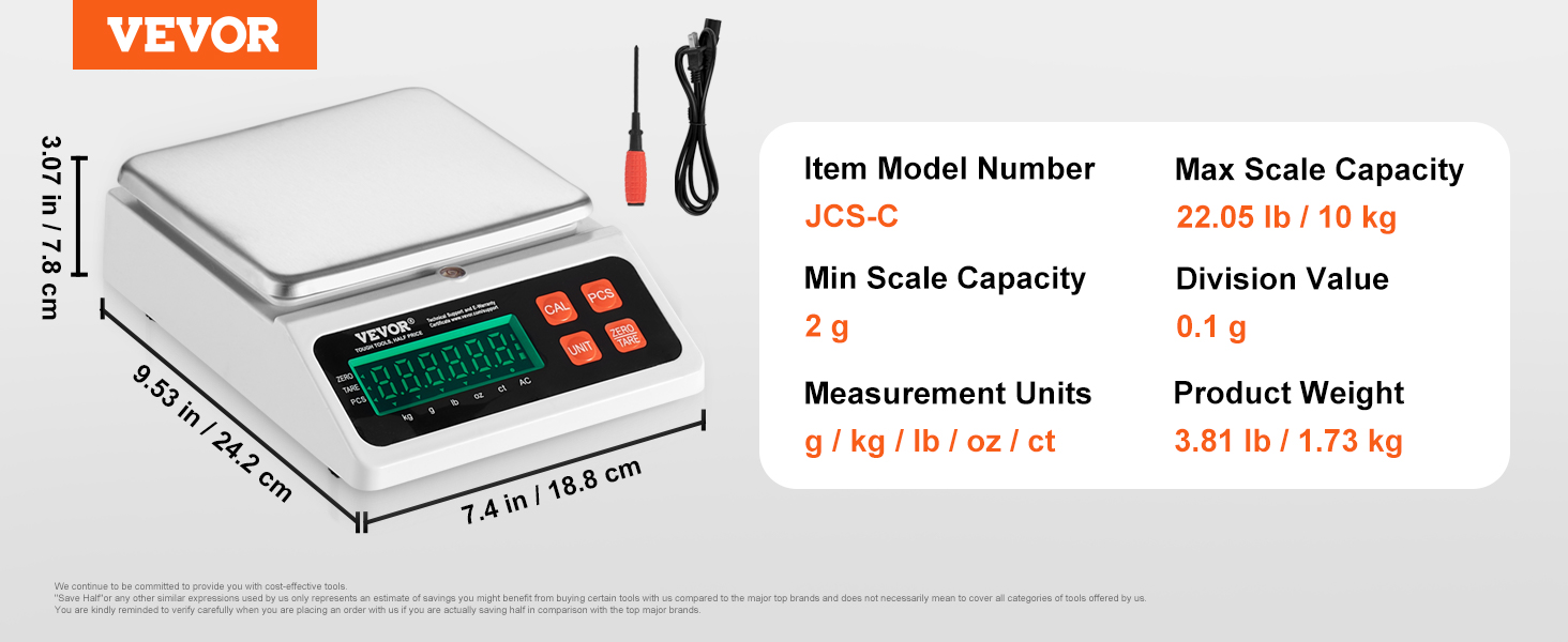 VEVOR industrial counting scale jcs-c, digital display, dimensions, max capacity 22.05 lb / 10 kg.