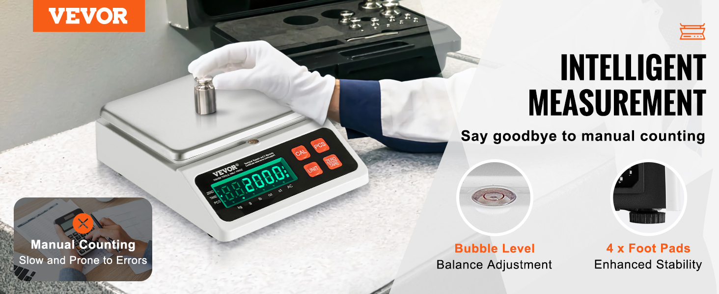 VEVOR industrial counting scale with bubble level, 4-foot pads, and intelligent measurement display.