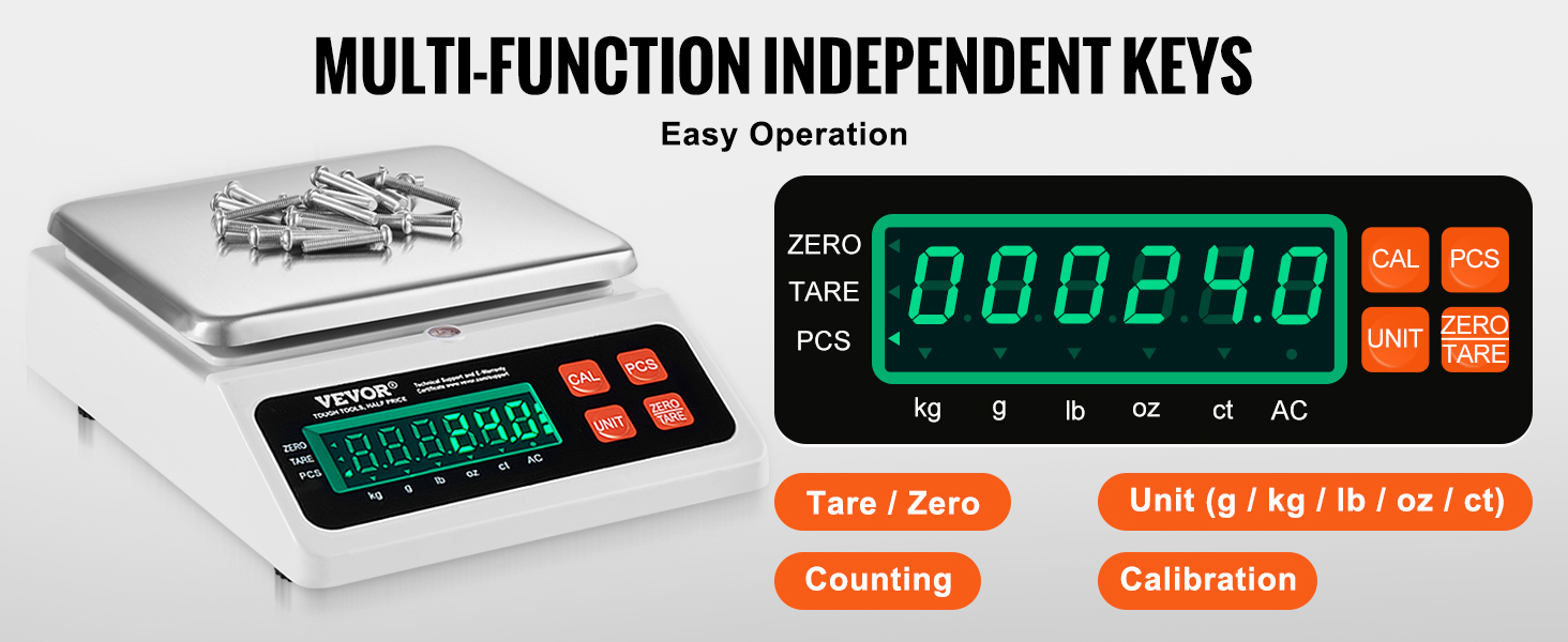 VEVOR industrial counting scale, digital display with keys, few screws on weighing platform.