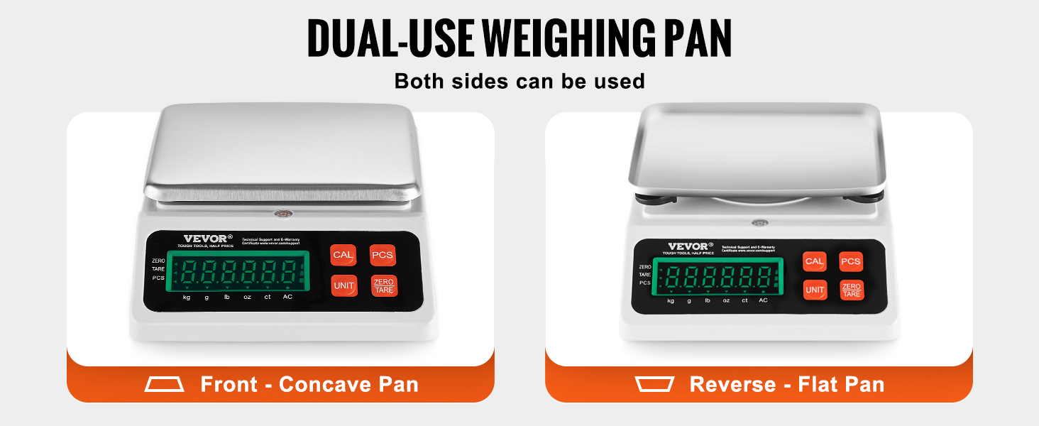 VEVOR industrial counting scale with dual-use weighing pan, featuring concave and flat sides.