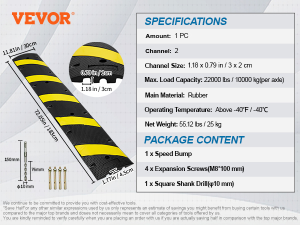 VEVOR rubber speed bump, dimensions: 72.05in x 11.8in, includes screws and drill bit for installation.