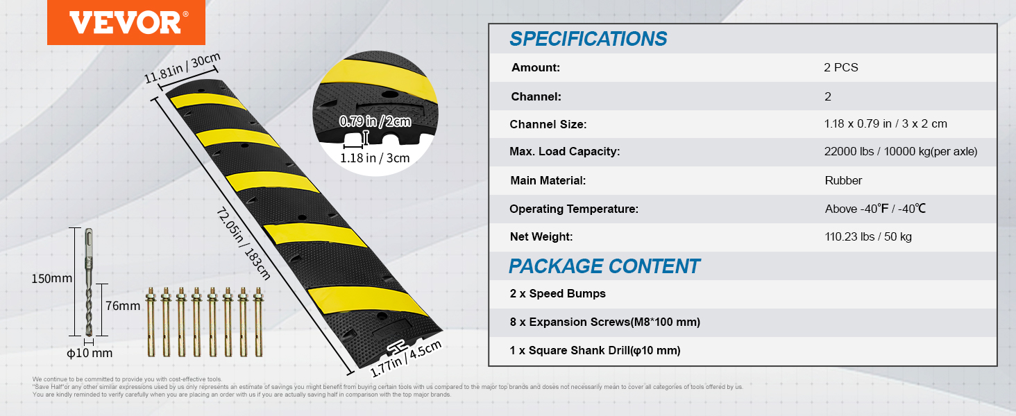 VEVOR rubber speed bump with specifications, dimensions, and package contents highlighted.