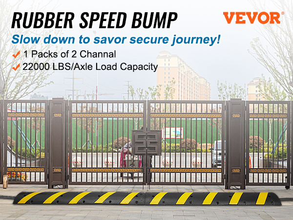 VEVOR rubber speed bump, 2 packs with 2 channels, 22000 lbs/axle load capacity, in front of a gated entrance.
