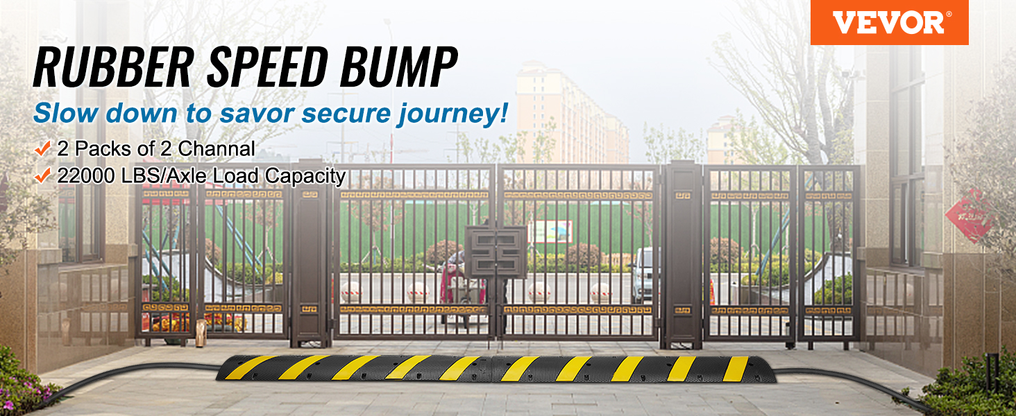 VEVOR rubber speed bump, 2 packs with 2 channels, 22000 lbs/axle load capacity, in front of a gated entrance.