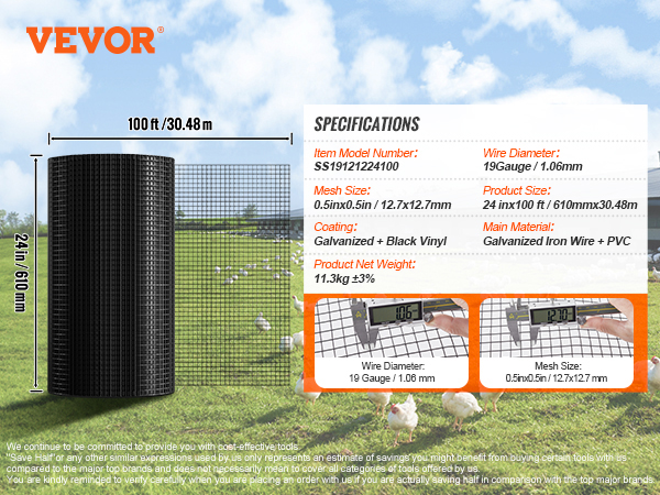 VEVOR hardware cloth, 100ft length, 24in height, 0.5inx0.5in mesh, 19 gauge wire, black vinyl coated.