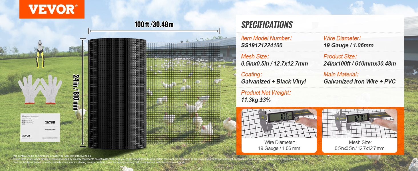VEVOR hardware cloth, 100ft length, 24in height, 0.5inx0.5in mesh, 19 gauge wire, black vinyl coated.
