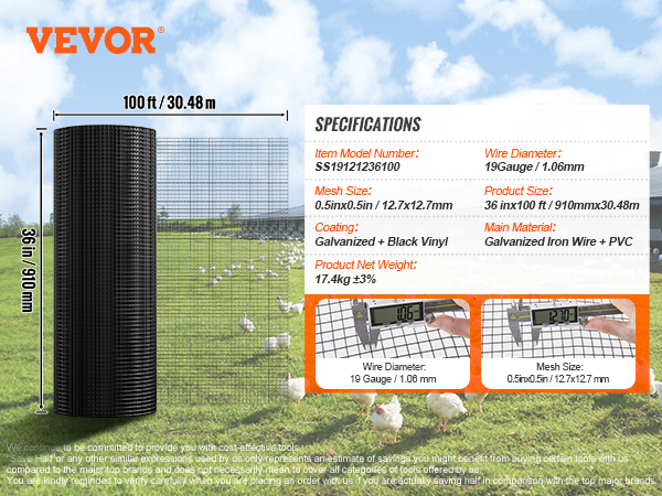 VEVOR hardware cloth roll 36in x 100ft with gloves, pliers, and specifications in a chicken farm setting.