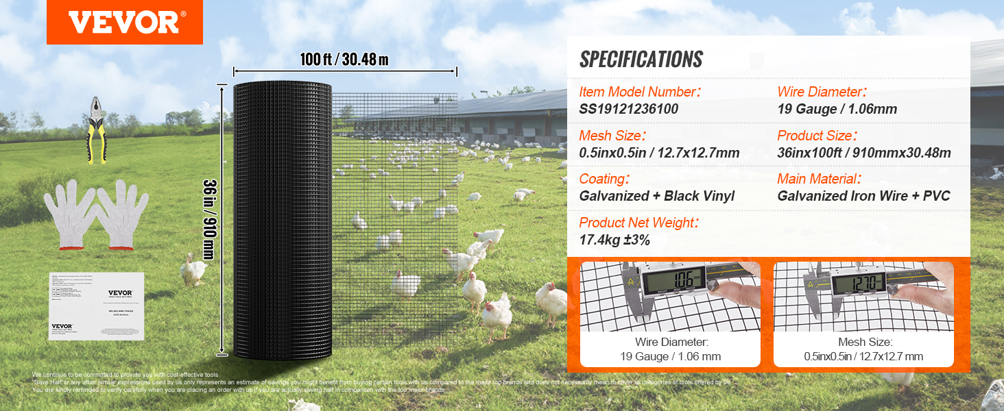 VEVOR hardware cloth roll 36in x 100ft with gloves, pliers, and specifications in a chicken farm setting.