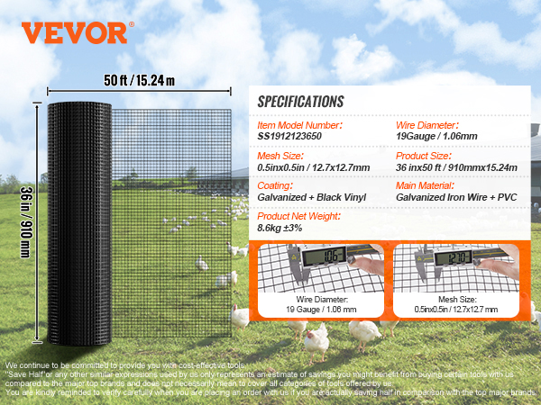 VEVOR chicken wire mesh 36in x 50ft roll with gloves, pliers, and specs; chickens in the background.
