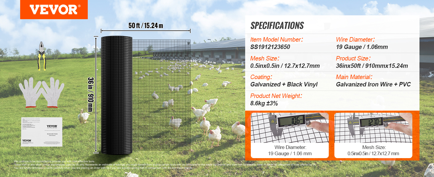 VEVOR chicken wire mesh 36in x 50ft roll with gloves, pliers, and specs; chickens in the background.