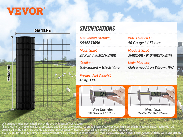 VEVOR hardware cloth, 36in x 50ft, 16 gauge, galvanized and black vinyl coated, with gloves and pliers.