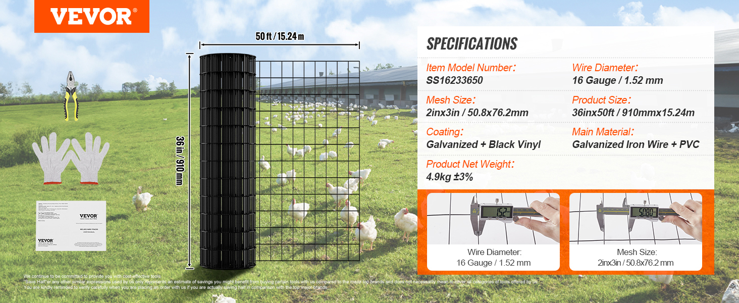 VEVOR hardware cloth, 36in x 50ft, 16 gauge, galvanized and black vinyl coated, with gloves and pliers.
