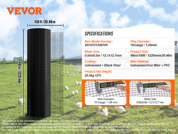 VEVOR hardware cloth, 48in x 100ft, 19 gauge, 0.5in mesh, galvanized iron wire with pvc. gloves and pliers included.