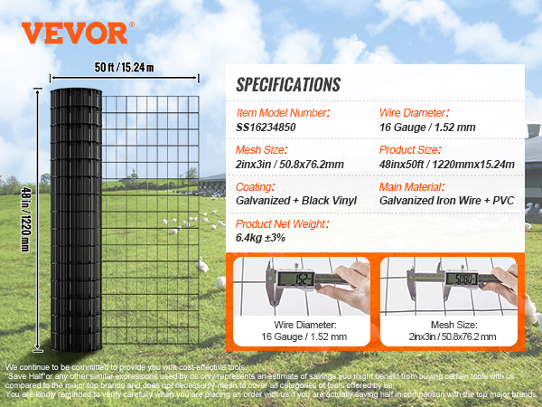 VEVOR hardware cloth, 48x50ft, 16-gauge wire, 2x3 inch mesh, galvanized iron with black vinyl coating.