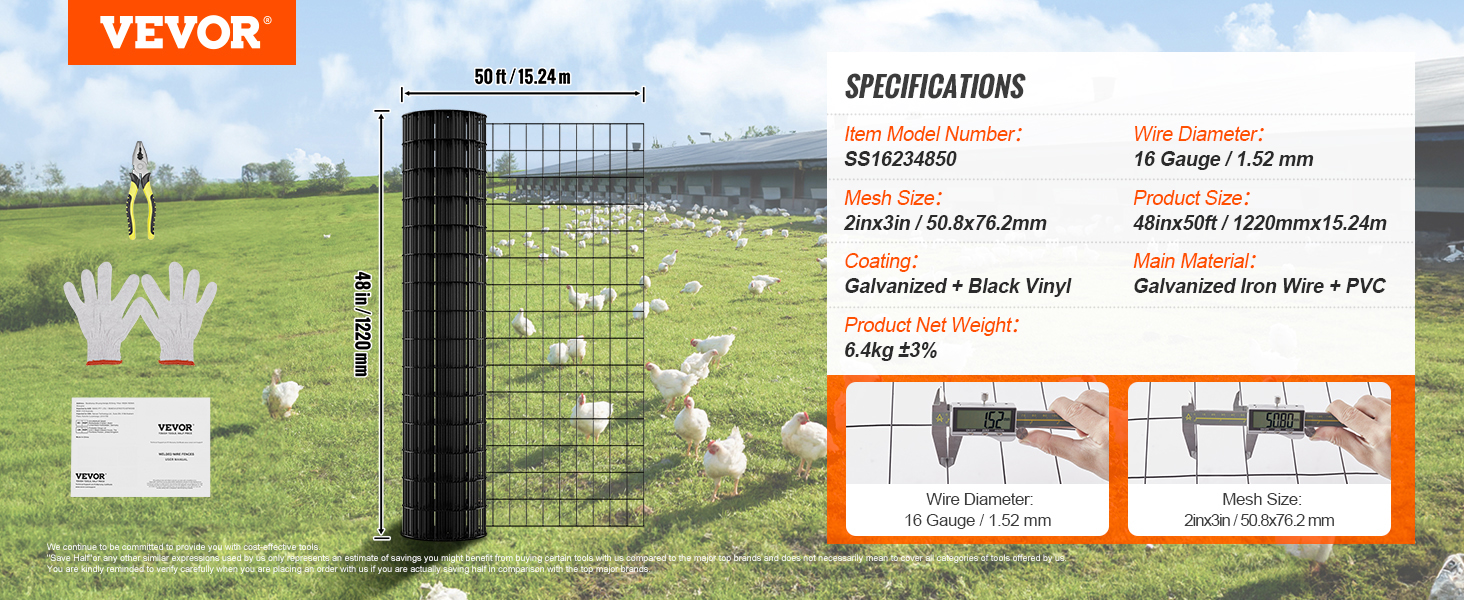 VEVOR hardware cloth, 48x50ft, 16-gauge wire, 2x3 inch mesh, galvanized iron with black vinyl coating.