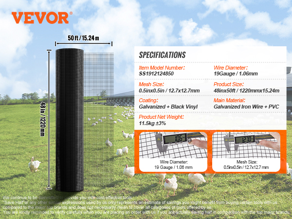 VEVOR hardware cloth, 48in by 50ft, 0.5inx0.5in mesh, 19 gauge, galvanized iron wire + pvc, includes gloves.