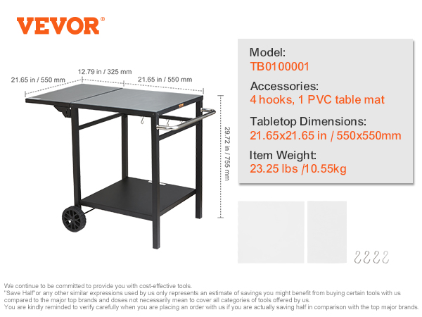 VEVOR grill dining cart specs: model tb0100001, 4 hooks, pvc mat, 21.65x21.65 in, 23.25 lbs.