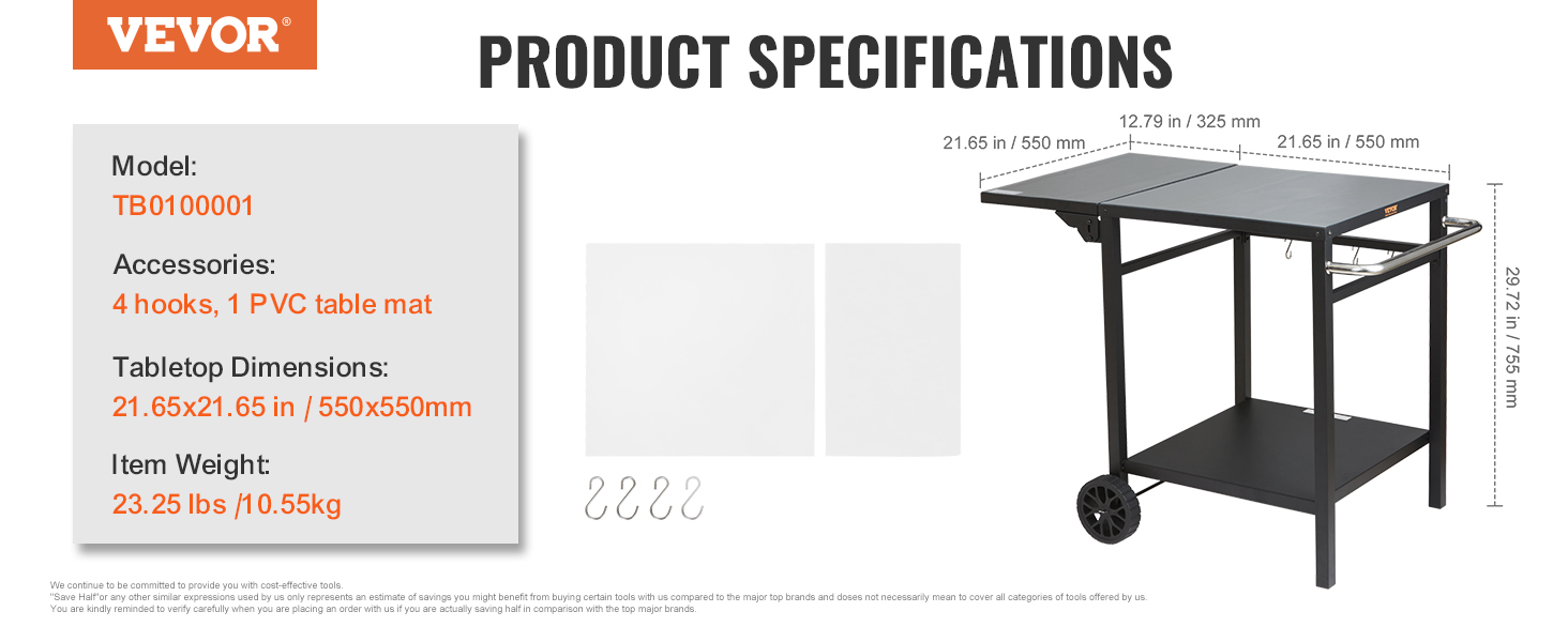 VEVOR grill dining cart specs: model tb0100001, 4 hooks, pvc mat, 21.65x21.65 in, 23.25 lbs.