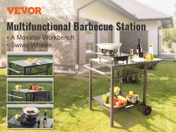 VEVOR grill dining cart on lawn; movable workbench with swivel wheels and shelves holding grill items.