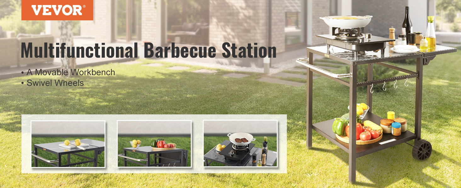 VEVOR grill dining cart on lawn; movable workbench with swivel wheels and shelves holding grill items.