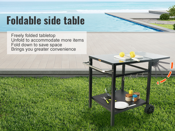 VEVOR grill dining cart with foldable side table by the pool; convenient for outdoor cooking.