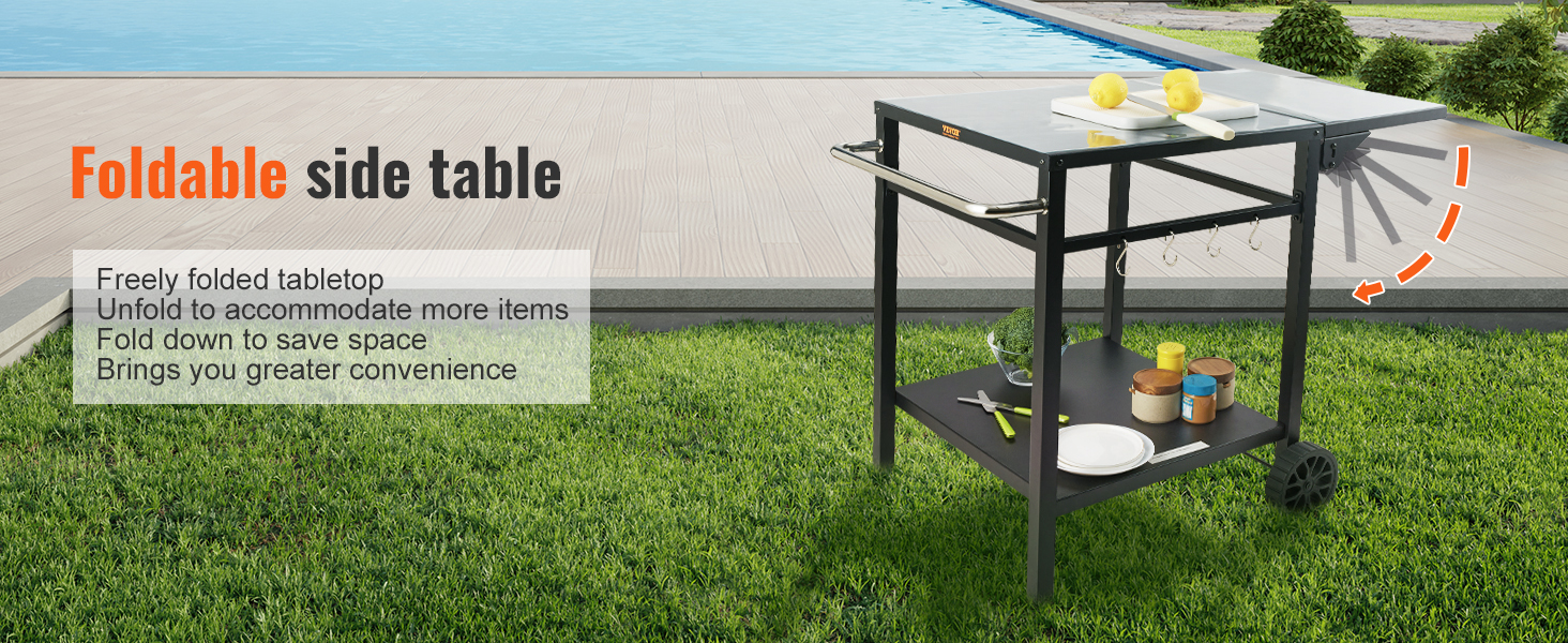 VEVOR grill dining cart with foldable side table by the pool; convenient for outdoor cooking.