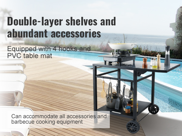 VEVOR barbecue cart with double-layer shelves by poolside, featuring hooks and accessories.