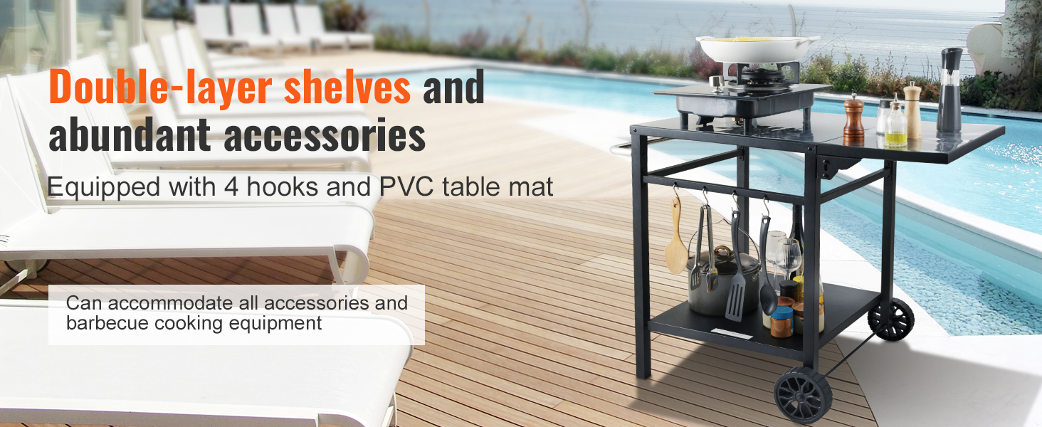 VEVOR barbecue cart with double-layer shelves by poolside, featuring hooks and accessories.
