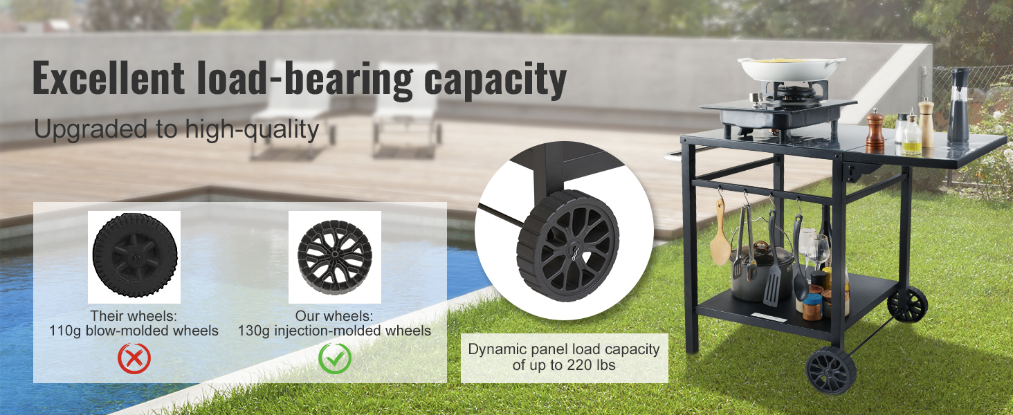VEVOR grill dining cart with high-quality wheels and excellent load-bearing capacity in a backyard setting.