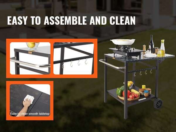 VEVOR grill dining cart with easy-to-clean tabletop, utensil hooks, and spacious storage shelf.