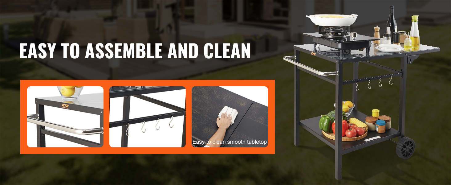 VEVOR grill dining cart with easy-to-clean tabletop, utensil hooks, and spacious storage shelf.