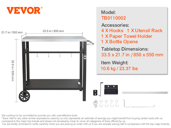 VEVOR outdoor grill cart with hooks, utensil rack, paper towel holder, and bottle opener, 850x550 mm.