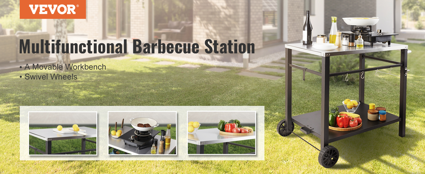 VEVOR outdoor grill cart with a movable workbench, swivel wheels, and various bbq tools on a grassy lawn.