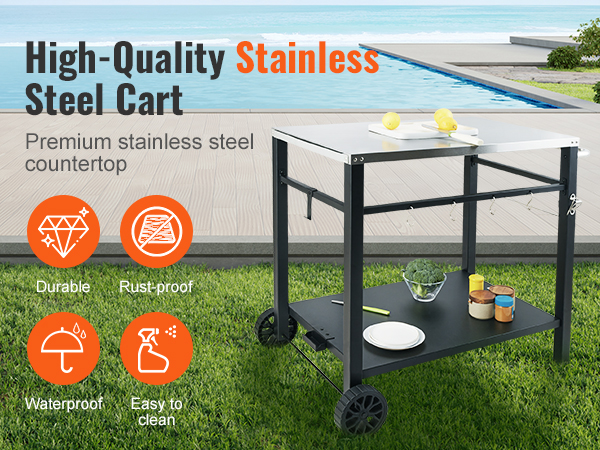 VEVOR outdoor grill cart by the pool, showcasing a stainless steel countertop and durable build.