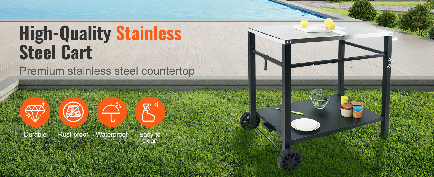 VEVOR outdoor grill cart by the pool, showcasing a stainless steel countertop and durable build.