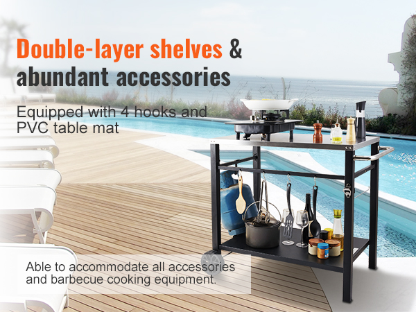 VEVOR outdoor grill cart with double-layer shelves, hooks, and utensil rack beside a pool.