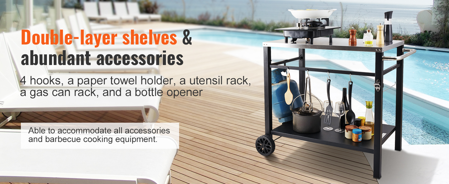 VEVOR outdoor grill cart with double-layer shelves, hooks, and utensil rack beside a pool.